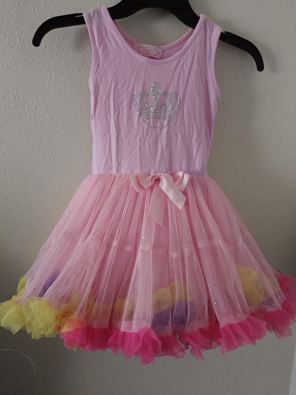 Popatu Pink Tulle Dress with Multicolor Ruffle Hem